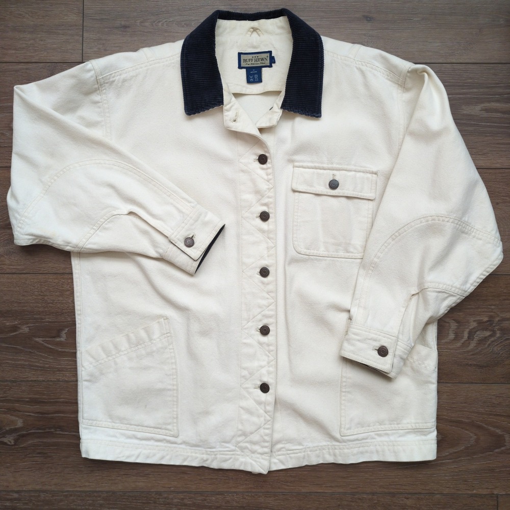 Vtg 90s Ruff Hewn Barn Chore Jacket White Canvas Corduroy Collar Workwear Large